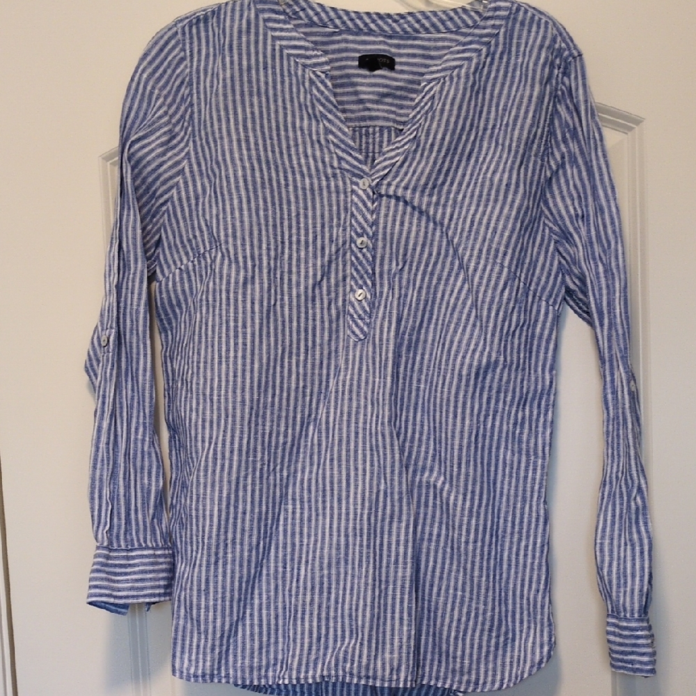 Talbots 100% Linen Blue‎ and White Striped Shirt